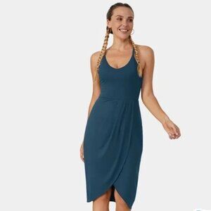 NWT Halara Asymmetric Hem Ruched Casual Midi Dress Athleisure Blue Women's M